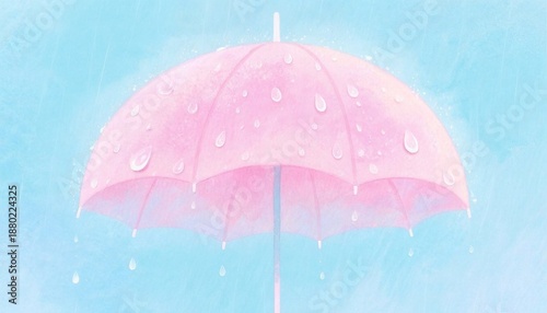 Pink umbrella with raindrops against a pastel blue background  