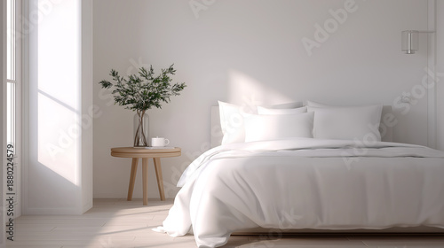 A serene and minimalist bedroom with a neatly made bed and a vase of flowers on a small wooden table , color of the year 2026, cloud dancer