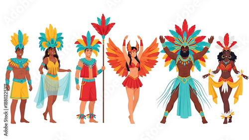 Rio Carnival. Girls and Boys Dancers Isolated on White Background. Young Men and Women during Traditional Festival in Brazil. Male and Female Artists. Cartoon Vector Illustration