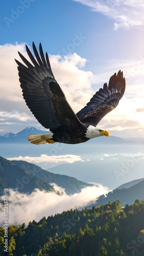 Majestic bald eagle soars over misty, green mountain peaks under a bright, partly cloudy, blue sky