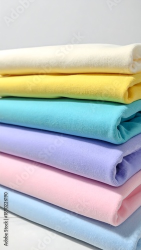 Stack of pastel fabric, close-up. Cream, yellow, cyan, lilac, pink, and sky blue. Neat, smooth, and orderly