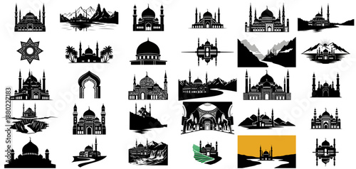 contoured devotion evocative silhouettes merging sacred structures with natural beauty set, isolated on transparent background