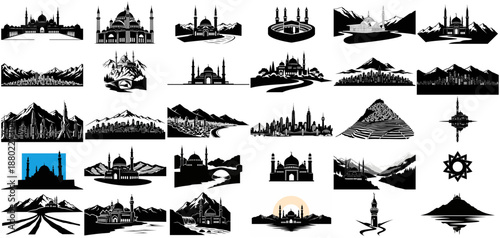 journeying faith iconic mosques harmonizing with majestic landscapes and urban horizons set, isolated on transparent background
