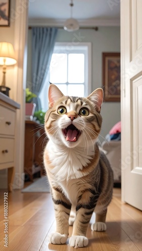 Happy tabby cat standing in a doorway with an open mouth, soft focus background, warm interior