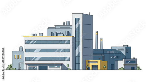 Industrial manufacturing plant complex with multiple buildings and structures, representing industry and production