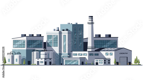 Modern industrial manufacturing plant with multiple buildings and chimneys