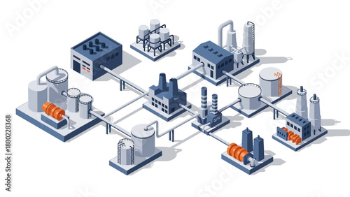 Isometric illustration of an industrial complex showing interconnected manufacturing facilities and processing plants