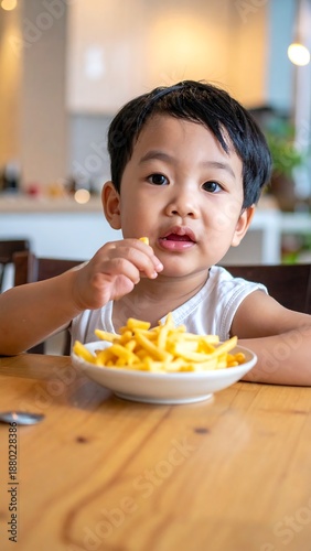 A young child, seated at a wooden table, is eating a plate of golden french fries with a blurred background