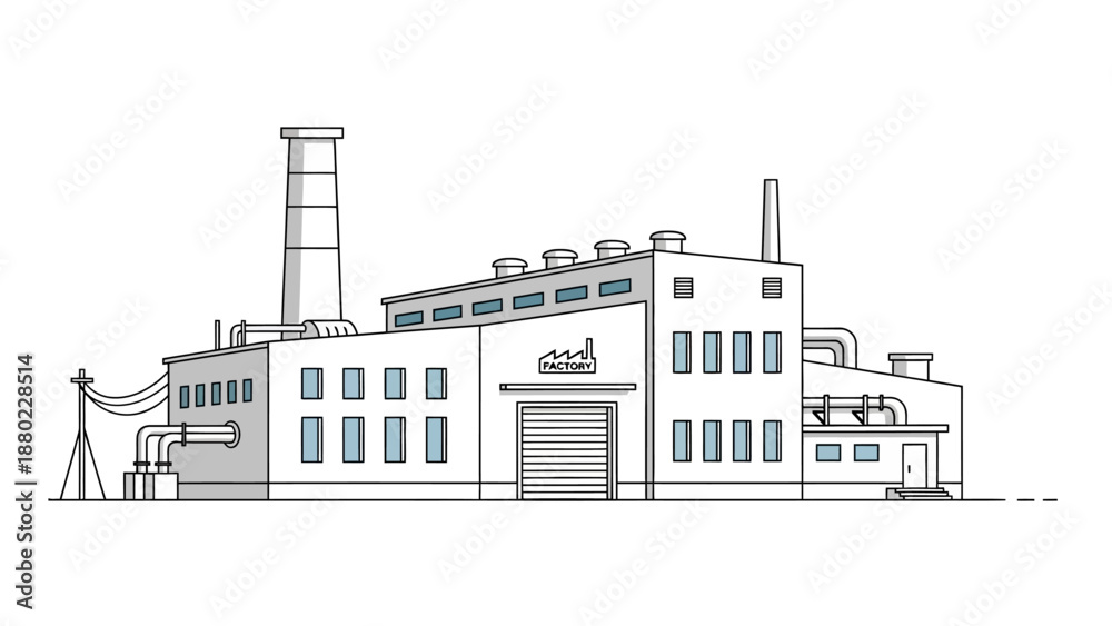 Obraz premium Simple graphic illustration of a modern factory building with large windows and a tall smokestack, symbolizing industrial production and manufacturing processes