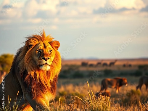 Majestic lion regal gaze, savanna golden hour dream,  clouds,  savanna