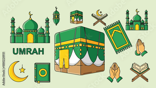 A vibrant illustration of Umrah symbols