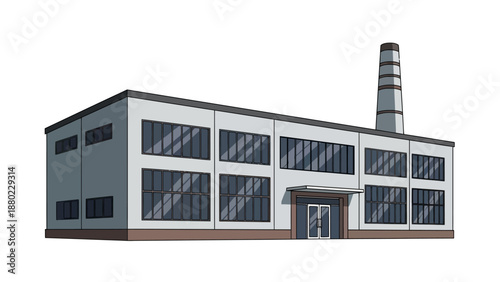 Modern industrial building illustration with large windows and a tall smokestack, depicting a factory or production plant on a white background, symbolizing manufacturing and economic activity