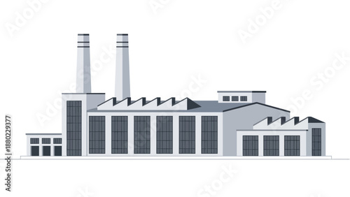 Clean vector illustration of a modern industrial factory building featuring prominent smokestacks, symbolizing manufacturing, production, and urban development in a flat design style