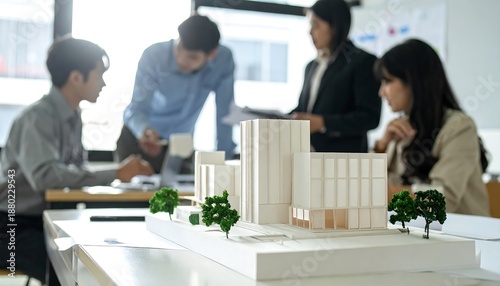 Diverse team of architects collaborating on a building model in a modern office setting.