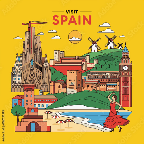 A vibrant Spanish landscape with landmarks and a dancer