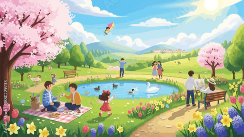 A vibrant spring scene with people picnicking, flying a kite, and painting