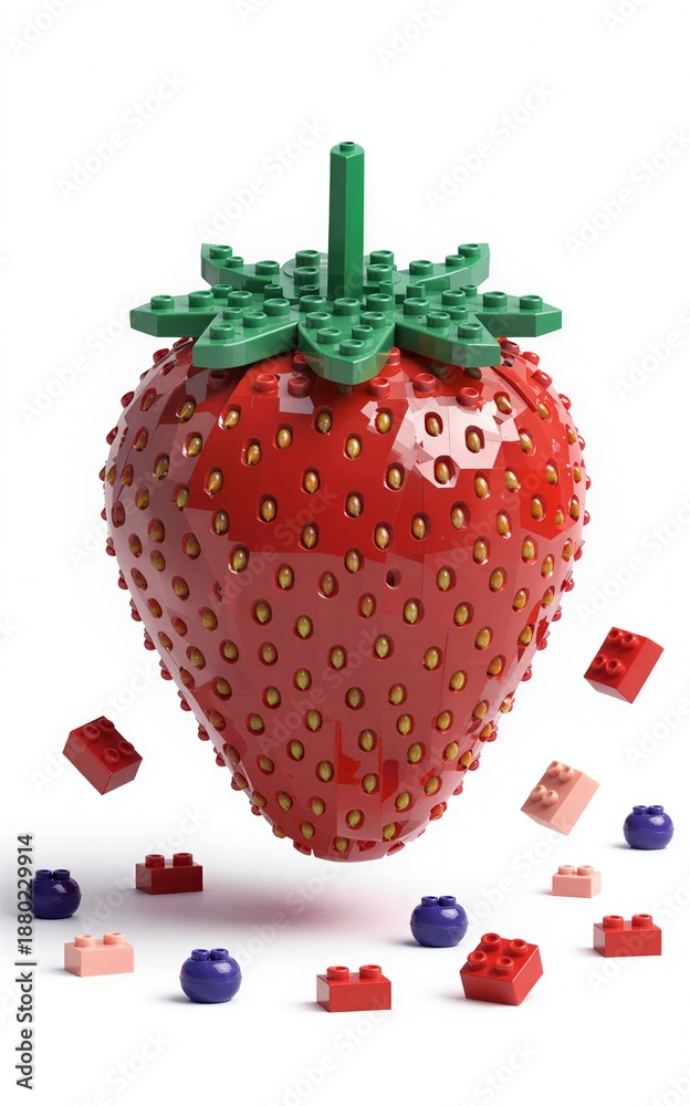Fototapeta premium strawberries in red, green and purple hues, detailed textures, playful fruit design.