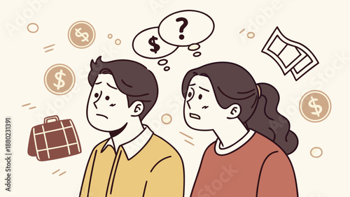 Young couple, troubled. Money motif. Icon.
Simple illustration.
