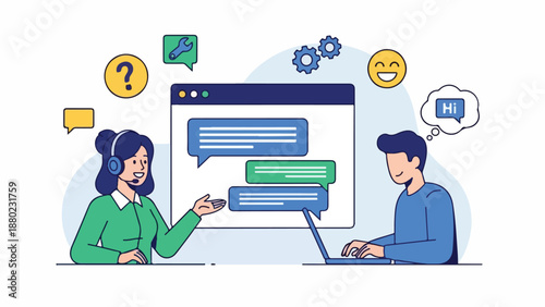 A woman and man engaged in conversation via a computer