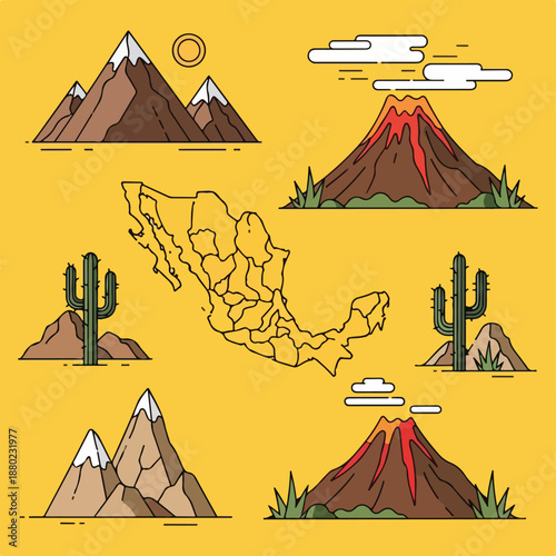 A yellow image of Mexico's map with mountains and cacti