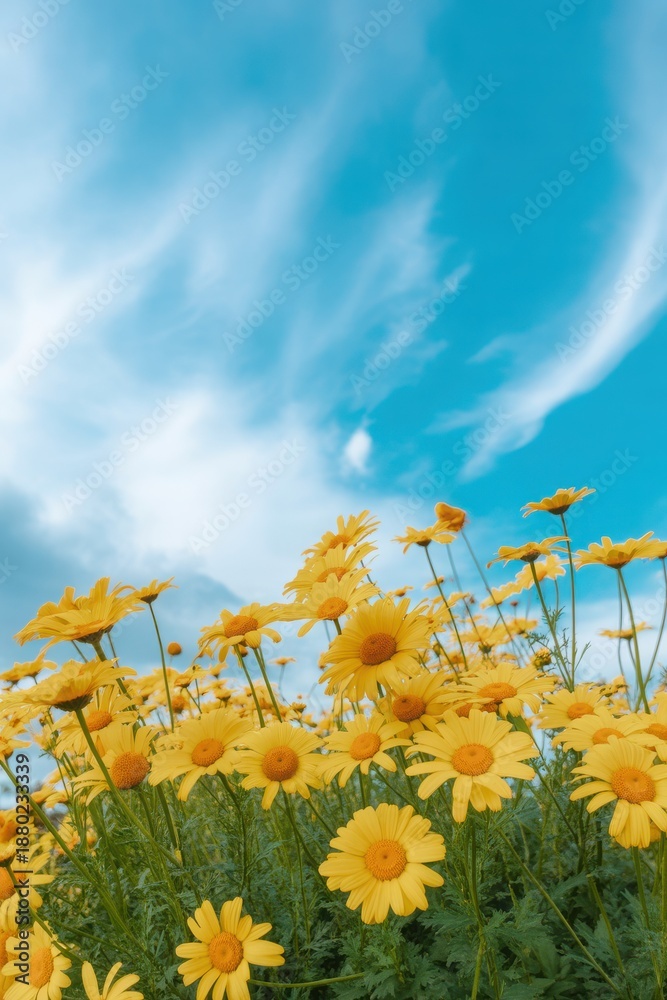 Obraz premium Vibrant yellow daisies blooming under a clear blue sky with soft white clouds, low angle view of spring wildflowers in a sunny field for nature and seasonal concepts.