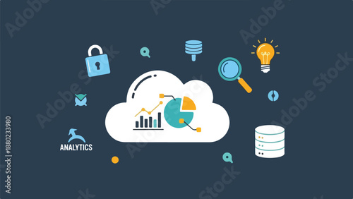 Cloud analytics graphic with various data symbols