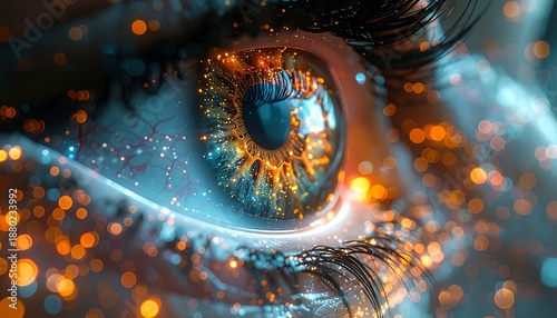 Macro view of an eye with vibrant blues, golds, and oranges. Sparkling lights emanate from the eye creating an ethereal effect