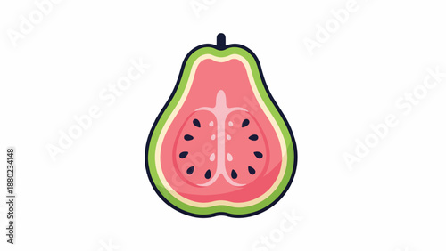 Illustration of a cut guava fruit with pink pulp and black seeds on a white background.