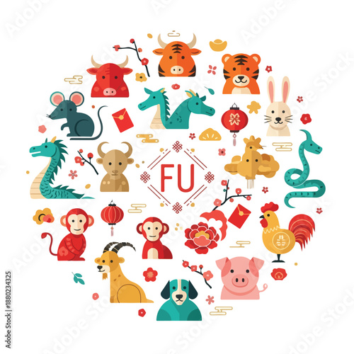 Colorful arrangement of zodiac animals and symbols