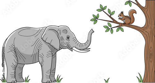 Large gray elephant reaching its trunk toward a small squirrel sitting on a leafy tree branch, wild animal friendship, nature and wildlife conservation illustration vector.