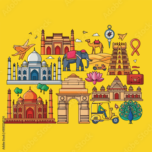 Colorful illustration landmarks of India