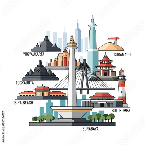 Colorful illustration of various Indonesian landmarks