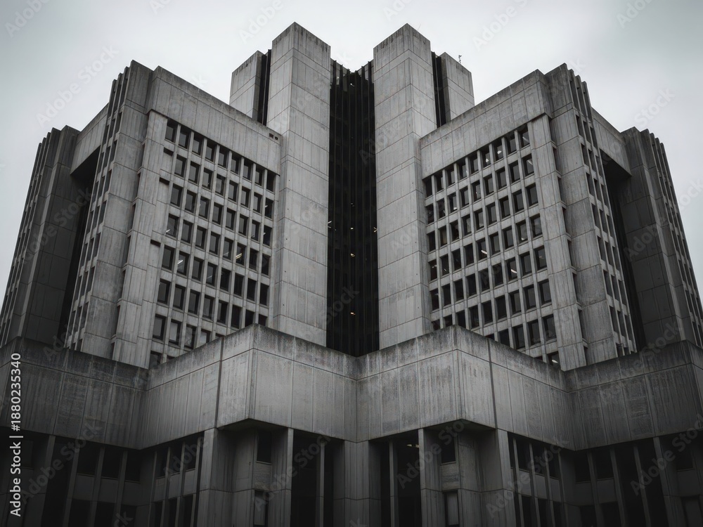 Fototapeta premium Symmetrical low angle view of a monumental brutalist building