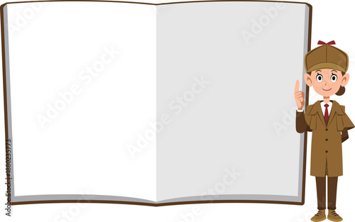 ノートの前で人差し指を立てる女性の探偵