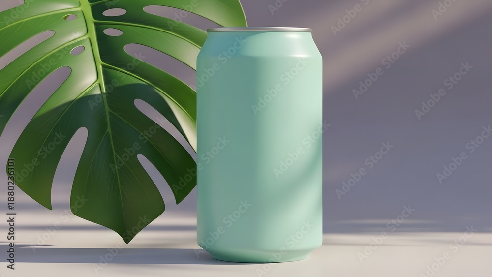 Fototapeta premium Mint Can with Monstera Leaf Shadow.