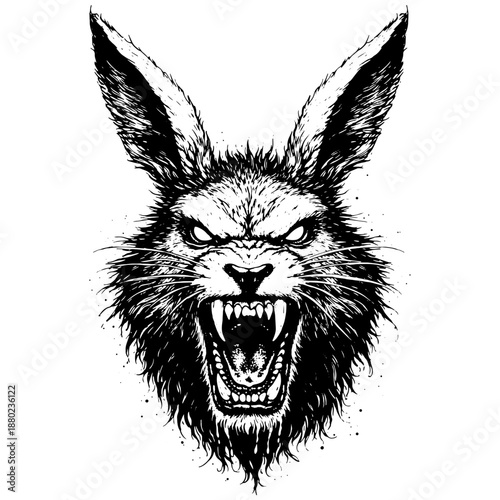 Aggressive Rabbit Illustration, Ferocious Hare Portrait, Engraved Line Art