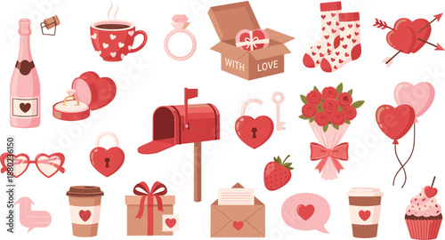 Valentine's Day romantic vector icon set with heart gifts flowers chocolate champagne and engagement ring elements for wedding and love celebration design.