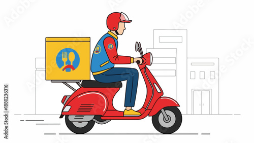 Delivery rider on red scooter with yellow box
