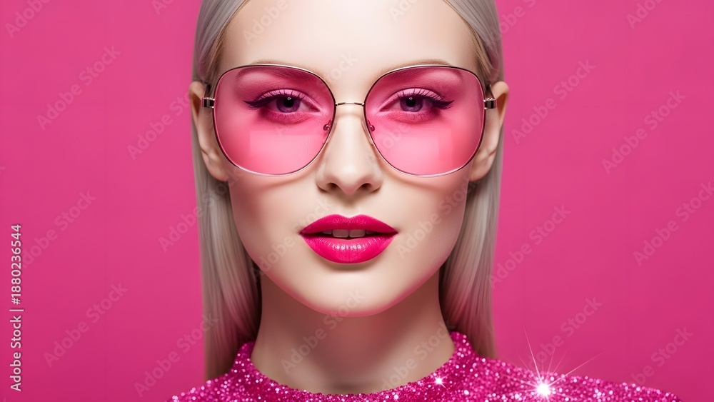 Fototapeta premium Blonde woman pink glasses lips glamour.