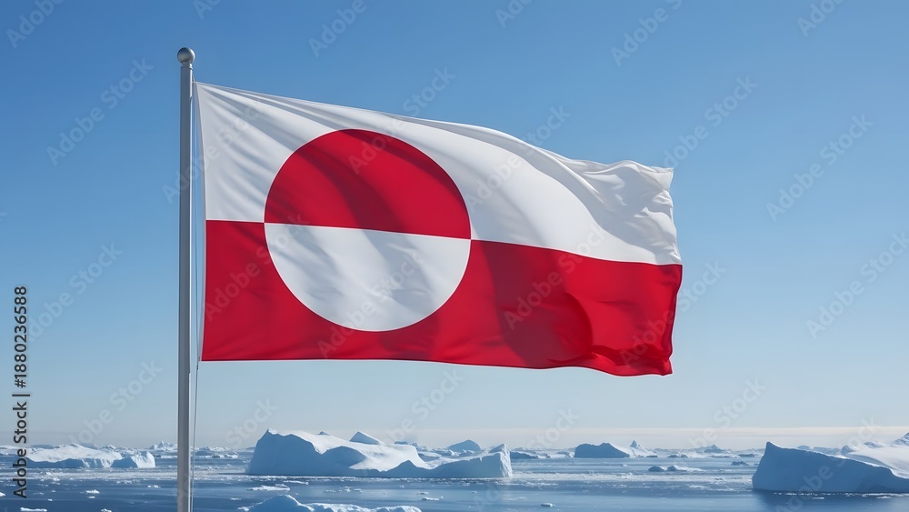 Naklejka premium Greenland flag waving on icy landscape.