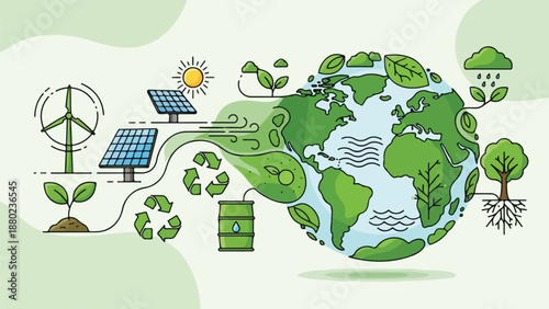 Eco-friendly earth with renewable energy sources and green plants