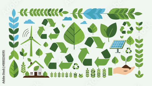 Eco-friendly symbols and leaves on white background