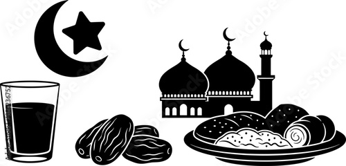 Traditional Ramadan Iftar Meal featuring Dates Glass of Water and Middle Eastern Sweets with Mosque Silhouette and Crescent Moon Star Background