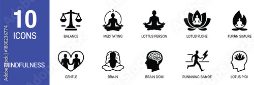 mindfulness icon set monochrome sign collection featuring balance meditation soul stress reduction calm awareness and wellness symbols for mental health and relaxation projects.