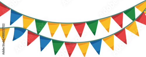 Festive party bunting flags in multiple colors, hanging on strings, celebration garland