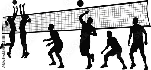 Action silhouette of various volleyball players jumping, spiking and blocking at the net during a competitive indoor or beach sports tournament