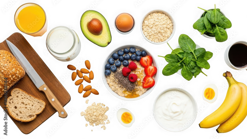 Fototapeta premium Healthy breakfast foods and ingredients on white background