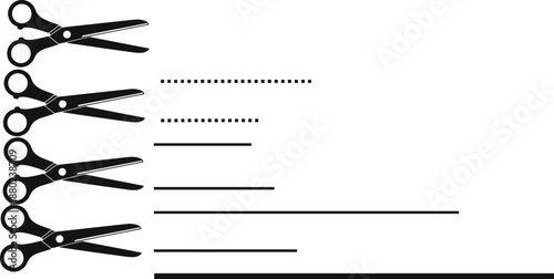 Minimalist vector set of black scissors silhouettes with dashed and solid cut lines in various lengths isolated on a white background