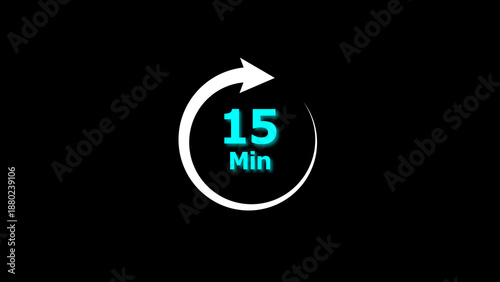 15 Min clock icon illustration. 15 minute illustration on black background and creating a stunning 4k illustration.