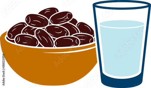 Iftar Concept Illustration with a Bowl of Fresh Dates and a Glass of Water for Ramadan Kareem and Islamic Fasting Breaking